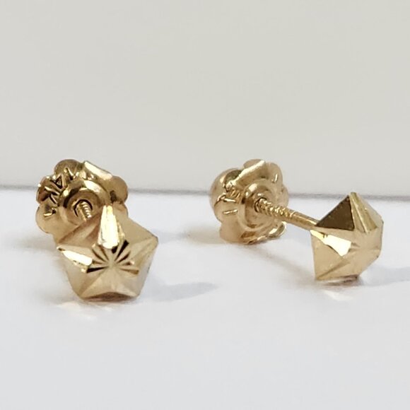 VTG 80s 14K Solid Yellow Gold Diamond Cut 3mm Hexagon Screw Back Stud Earrings - Picture 3 of 14